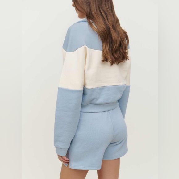 Reformation Mirelle Striped Baby Blue Collared Sweatshirt Size Small - Picture 2 of 7